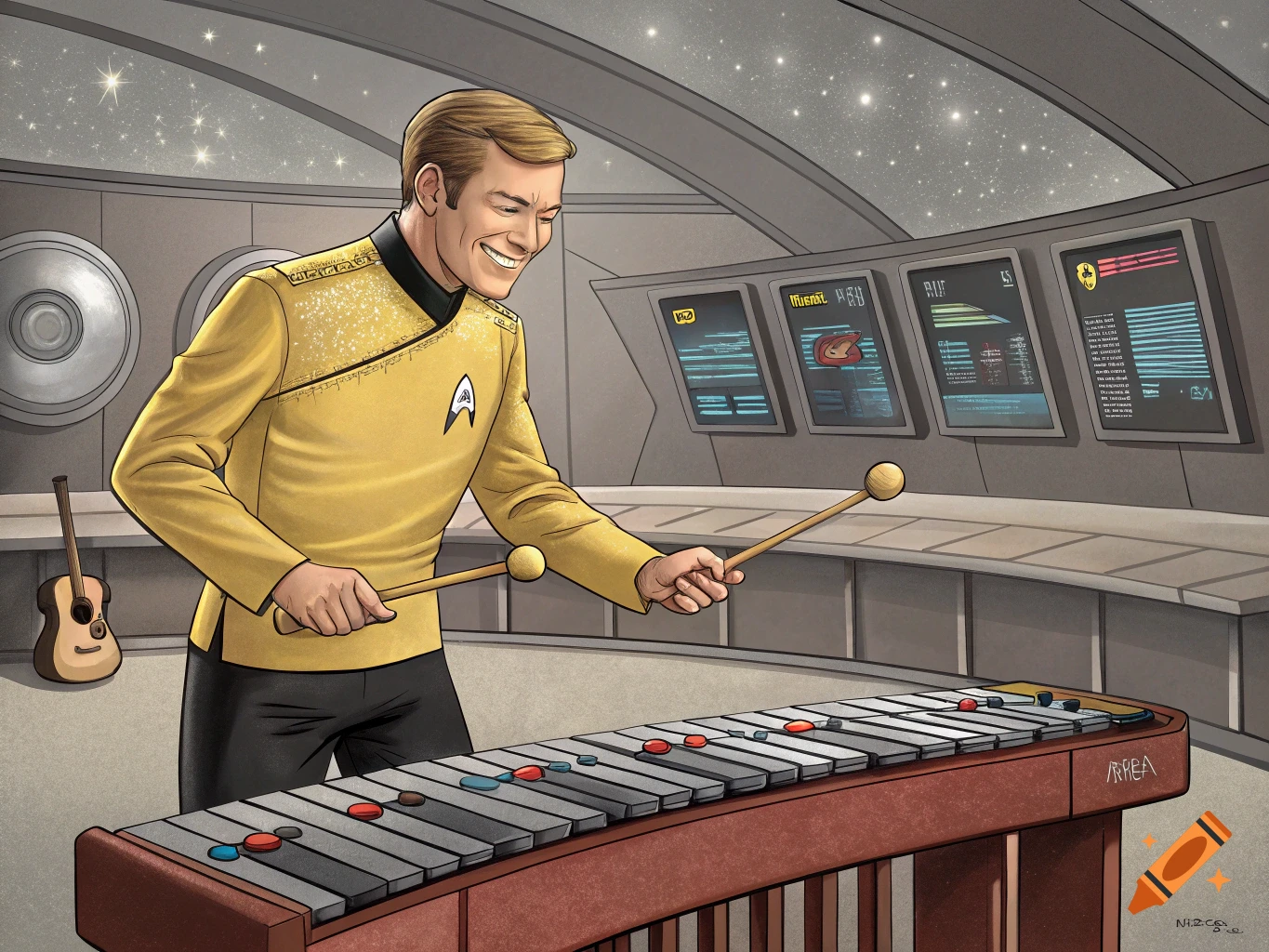 Illustration of Captain Kirk playing a xylophone on the bridge of a spaceship.