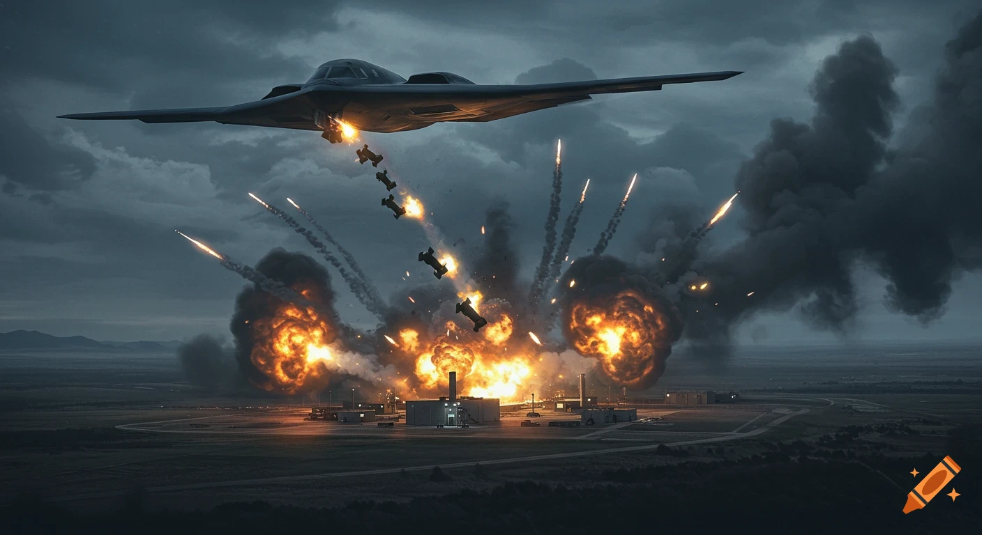 A B-2 stealth bomber drops bombs causing large explosions over a military base under a dark sky.