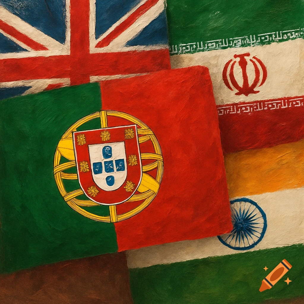 Painting of the Portuguese, British, Iranian, and Indian flags