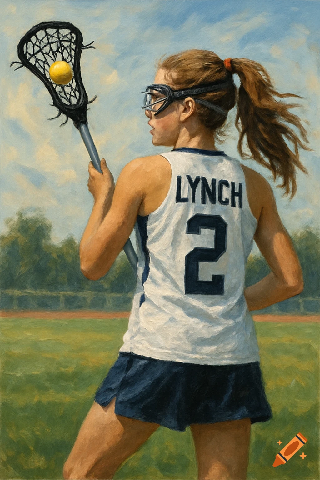 Girl holding a lacrosse stick on a field, painting style