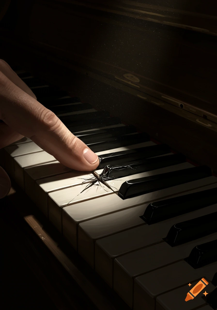 Close-up of a finger pointing at a broken piano key