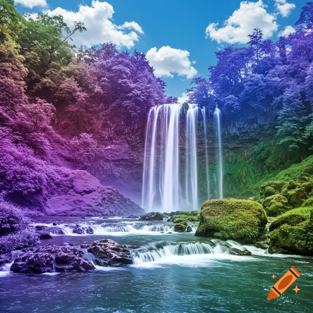 A colorful waterfall cascades down cliffs surrounded by trees in vibrant purple, pink, blue, and green hues.