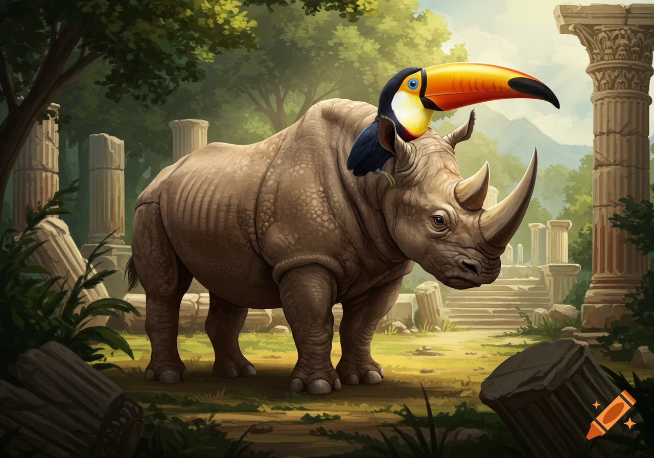 A rhinoceros stands in ancient ruins with a toucan perched on its head.