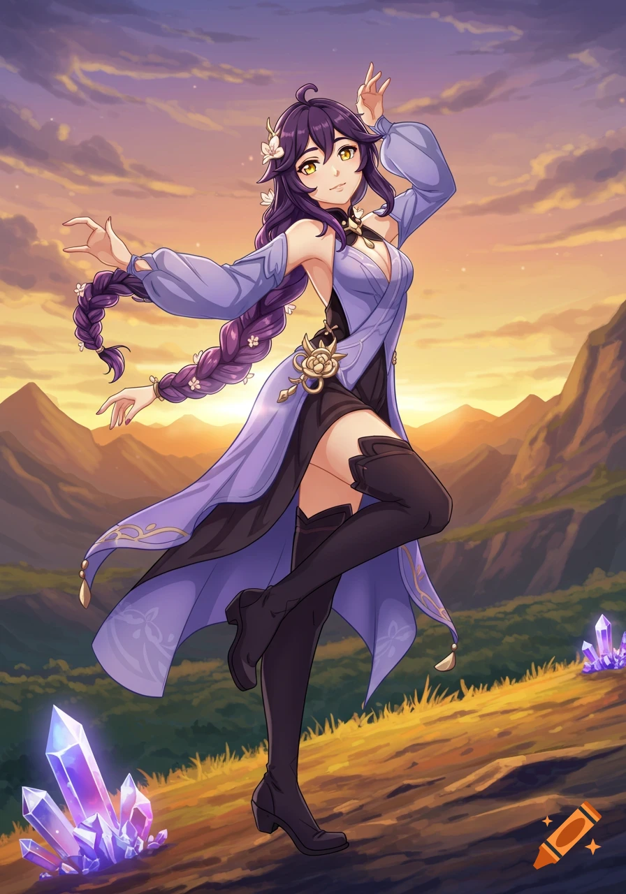 A woman with long purple braided hair in a fantasy outfit poses in a mountainous landscape at sunset, anime style.