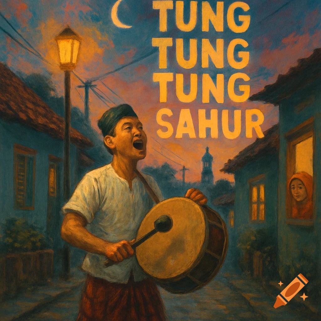 Boy drumming and shouting 'TUNG TUNG SAHUR' in a street at night, painting style.