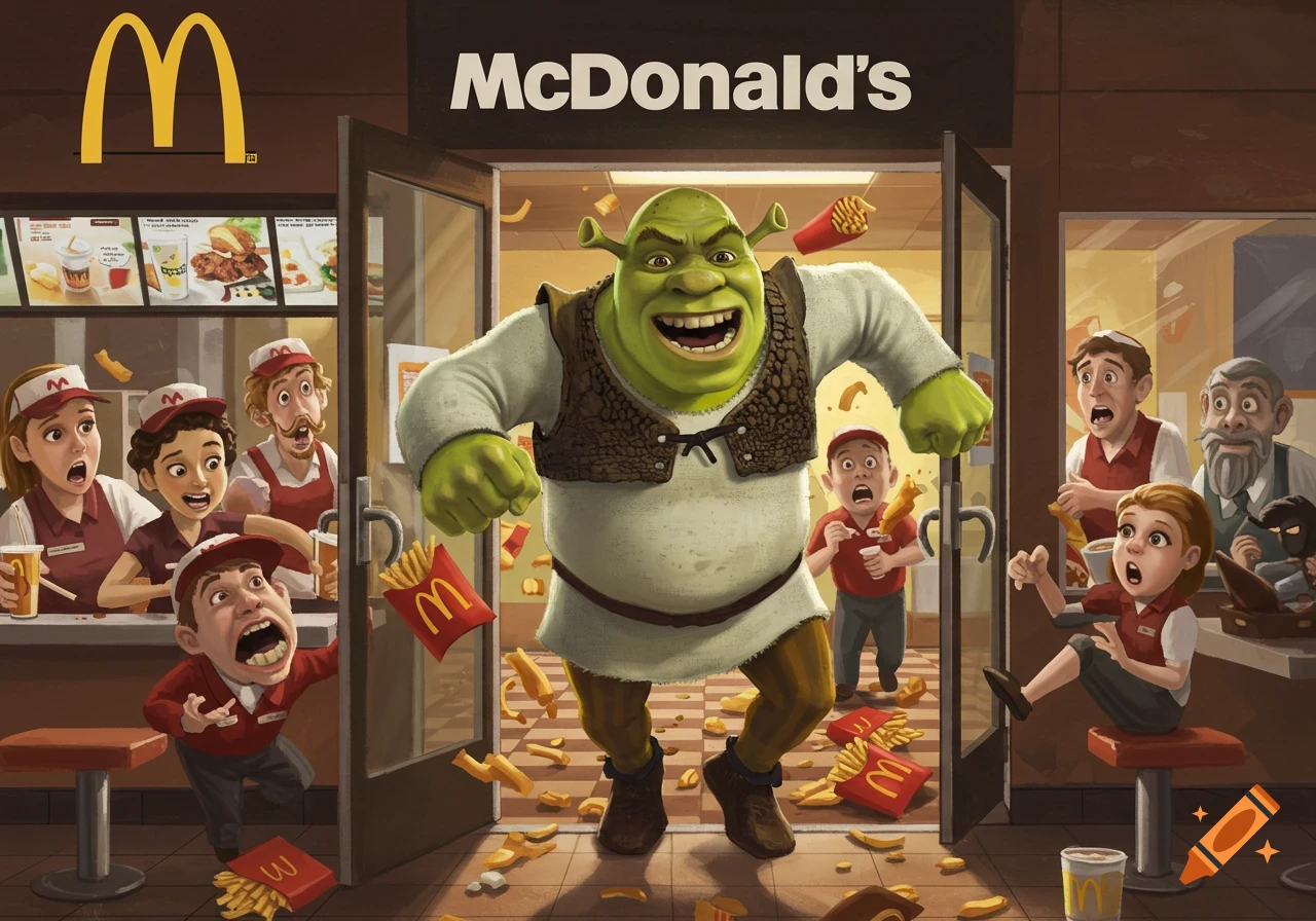 Shrek bursts into a McDonald's restaurant, sending customers and staff scrambling as fries fly.