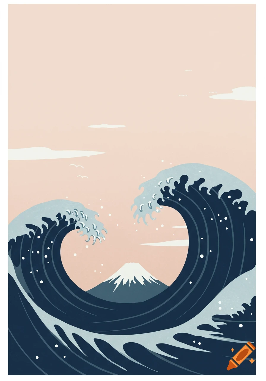 Stylized illustration of large waves and a mountain against a pink sky.