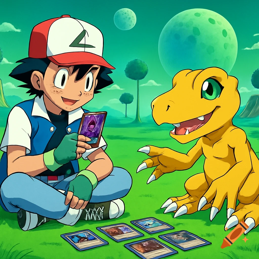 Anime image of Ash Ketchum and Agumon playing cards on a green planet with large moons.
