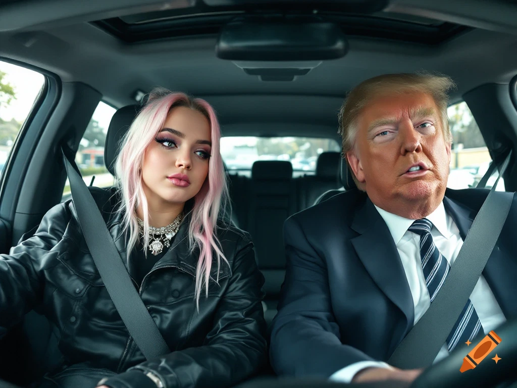 A person resembling Billie Eilish and a person resembling Donald Trump sit in a car.