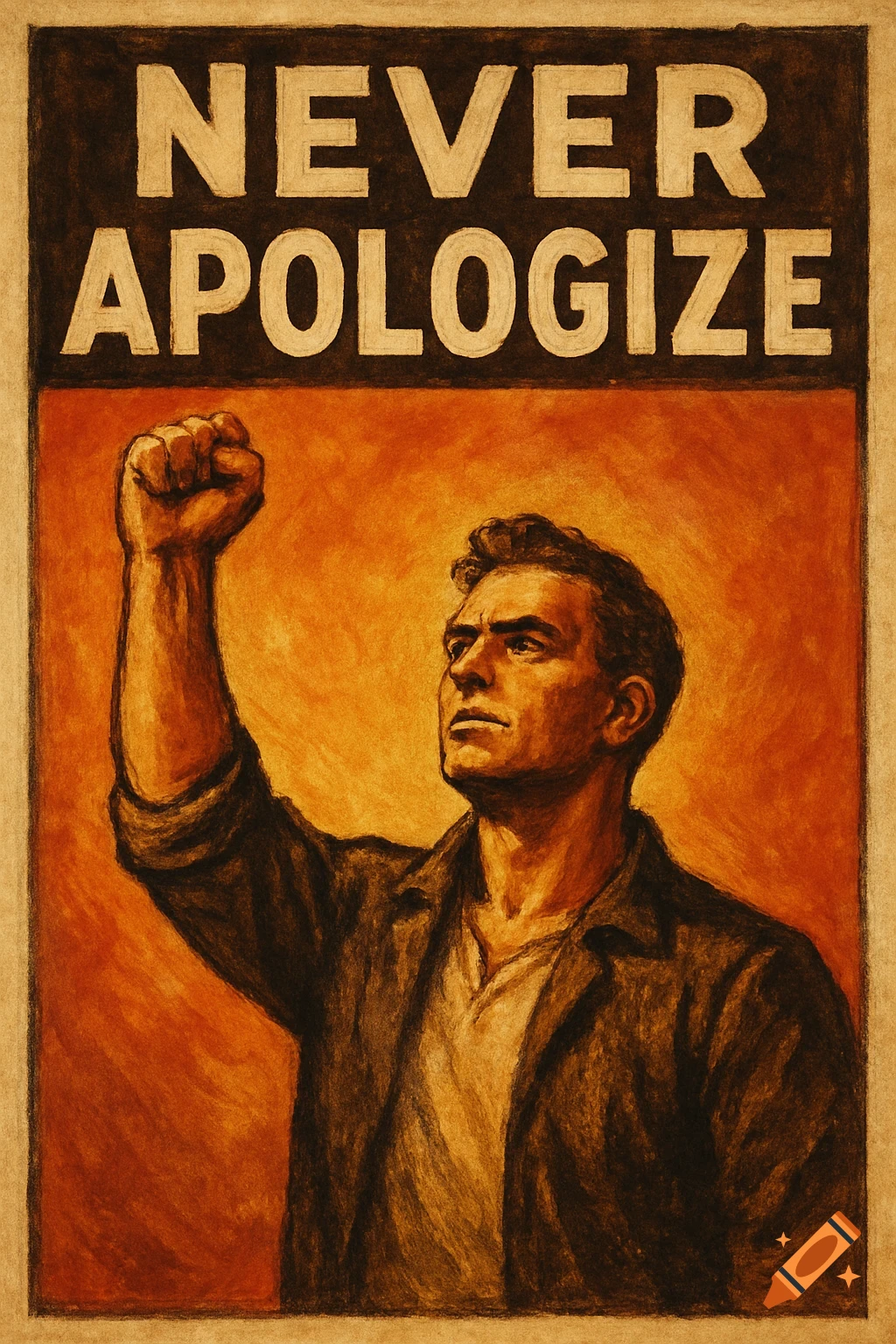 Drawing of a man with a raised fist in a motivational poster style with the text NEVER APOLOGIZE.