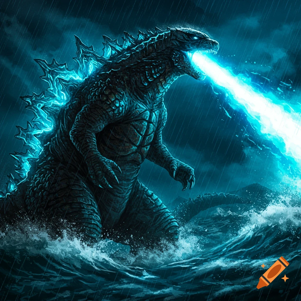 Godzilla rises from the ocean in the rain, breathing a blue beam of atomic energy.