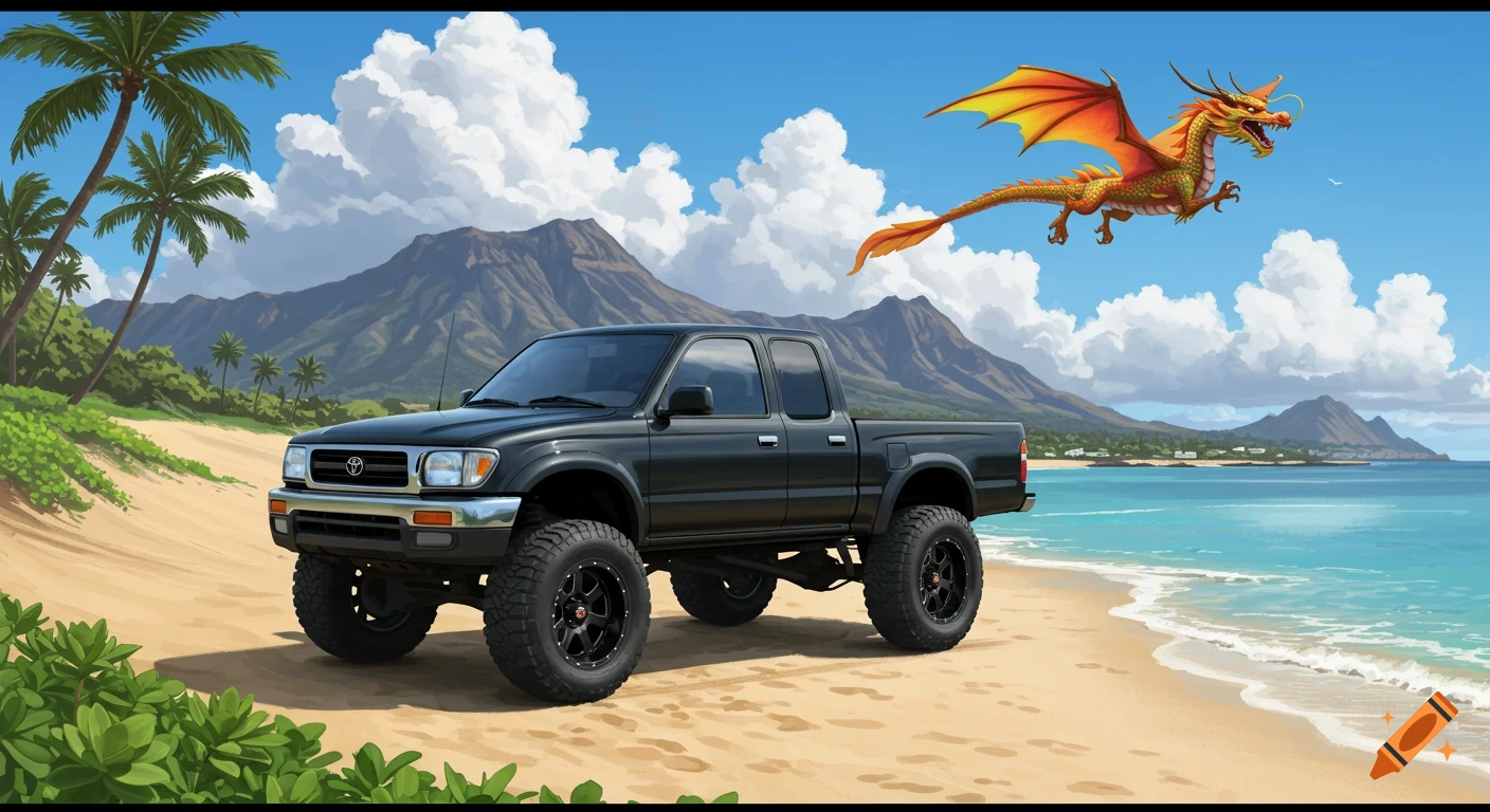A black lifted truck on a beach with palm trees and a mountain, a dragon flies overhead.