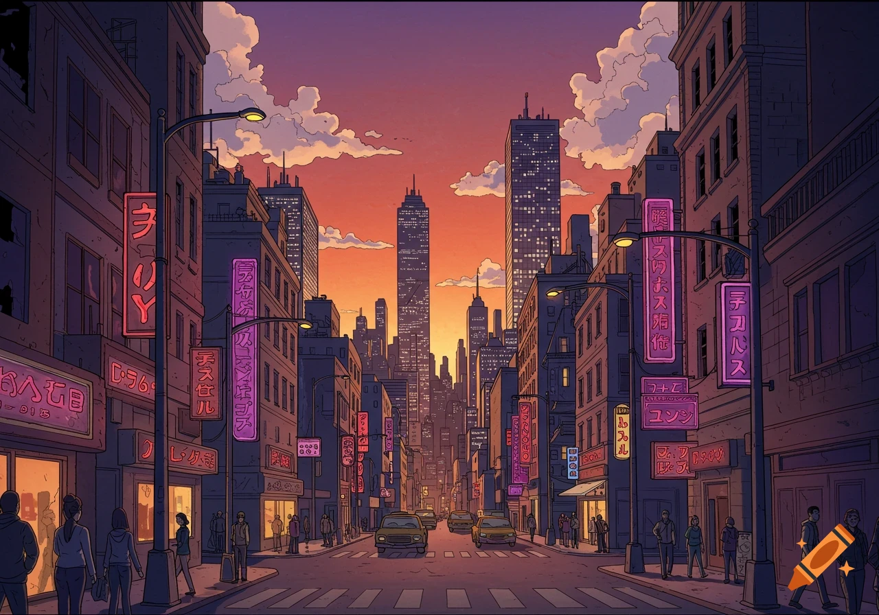 A comic-style cityscape at sunset with tall buildings, neon signs with illegible text, cars, and pedestrians on a street.
