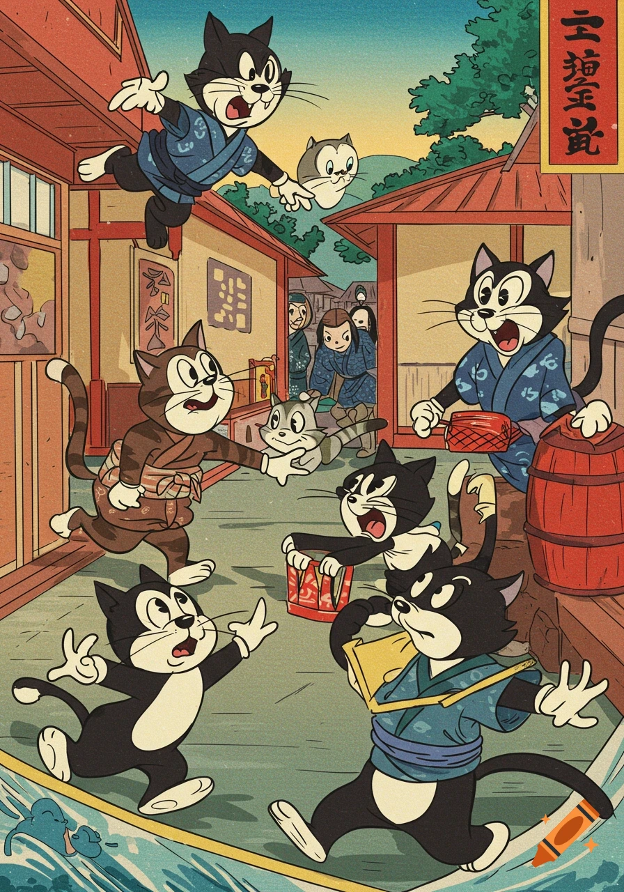 Cartoon cats in a Japanese street scene, in Ukiyo-e and Max Fleischer styles.