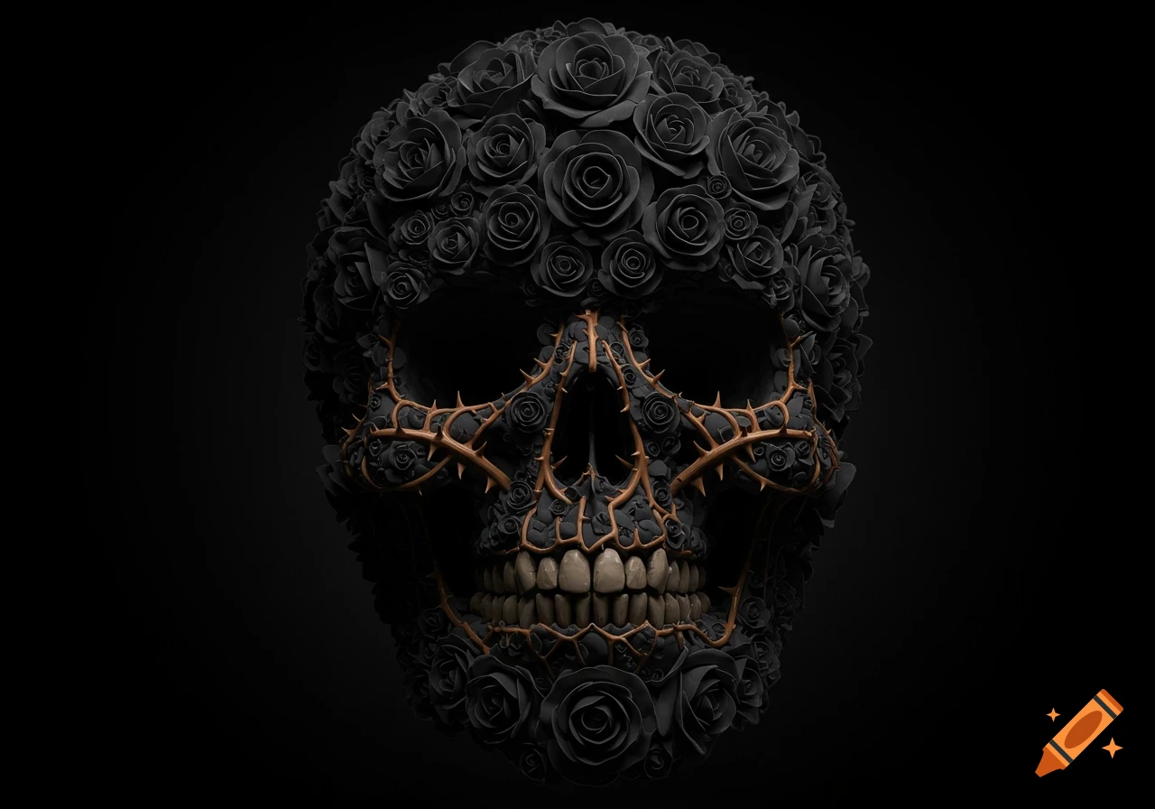 A skull formed from black roses and golden thorns against a black background.
