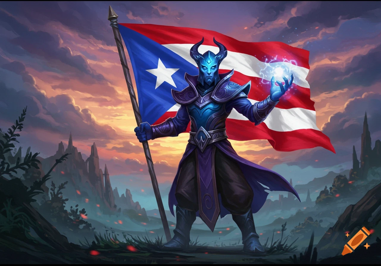 Fantasy character holding Puerto Rico flag in epic landscape.