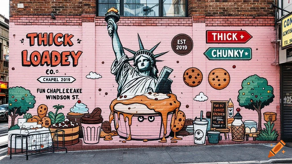 A pink mural on a brick wall depicts the Statue of Liberty in a bowl, cookies, desserts, and text in a graffiti style.
