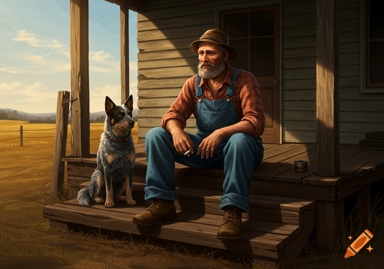 A man and a dog sit on a wooden porch overlooking a field.