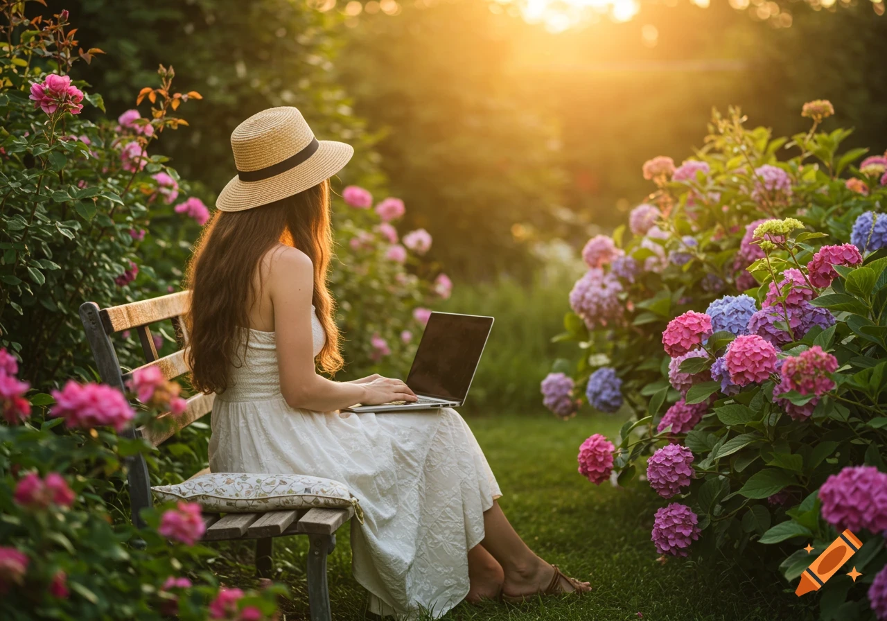 A woman in a straw hat and white dress sits on a bench in a sunny garden, working on a laptop surrounded by colorful flowers.