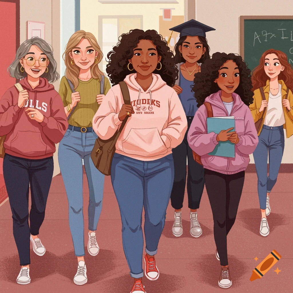Illustration of six young women walking down a school hallway, some with backpacks, one wearing a graduation cap.