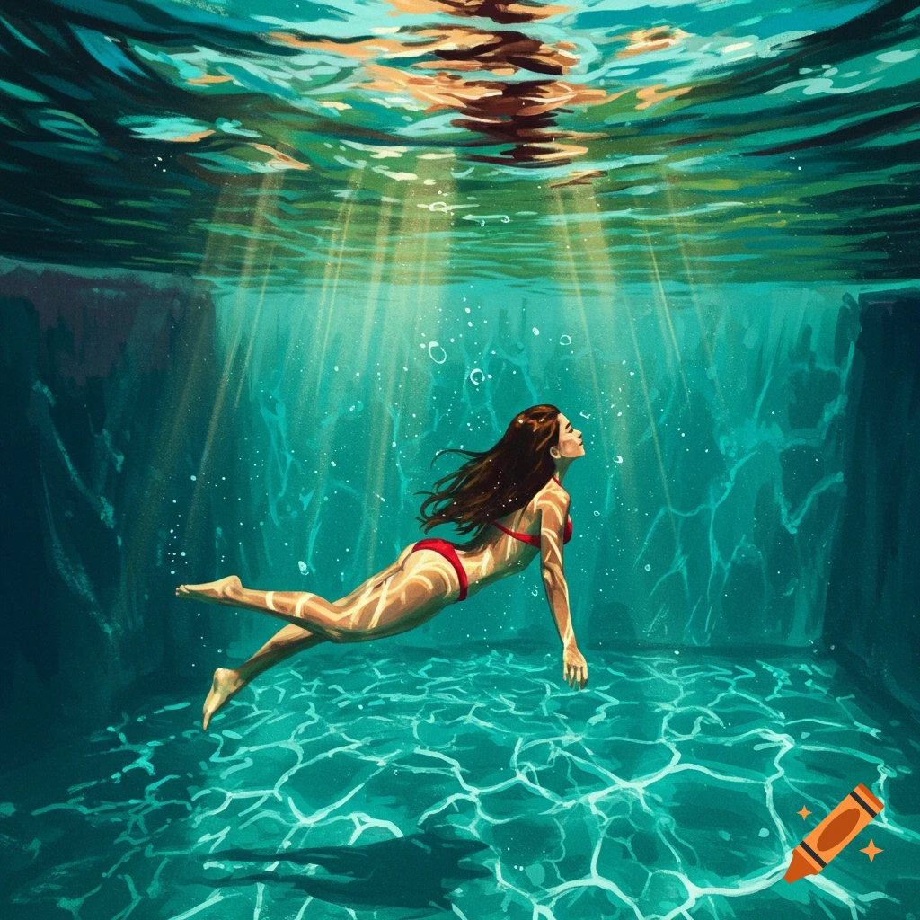 A woman in a red bikini swims underwater in a pool with sunlight rays shining through.