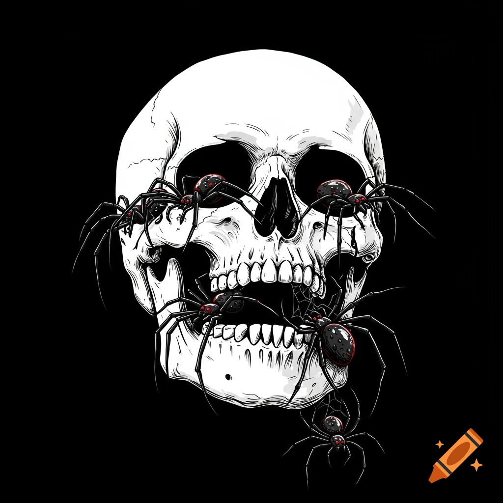 A stylized illustration of a white skull covered in black spiders on a black background.