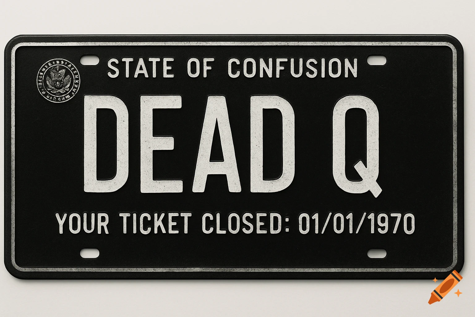 Black novelty license plate with white text reading 'STATE OF CONFUSION', 'DEAD Q', and 'YOUR TICKET CLOSED: 01/01/1970'.