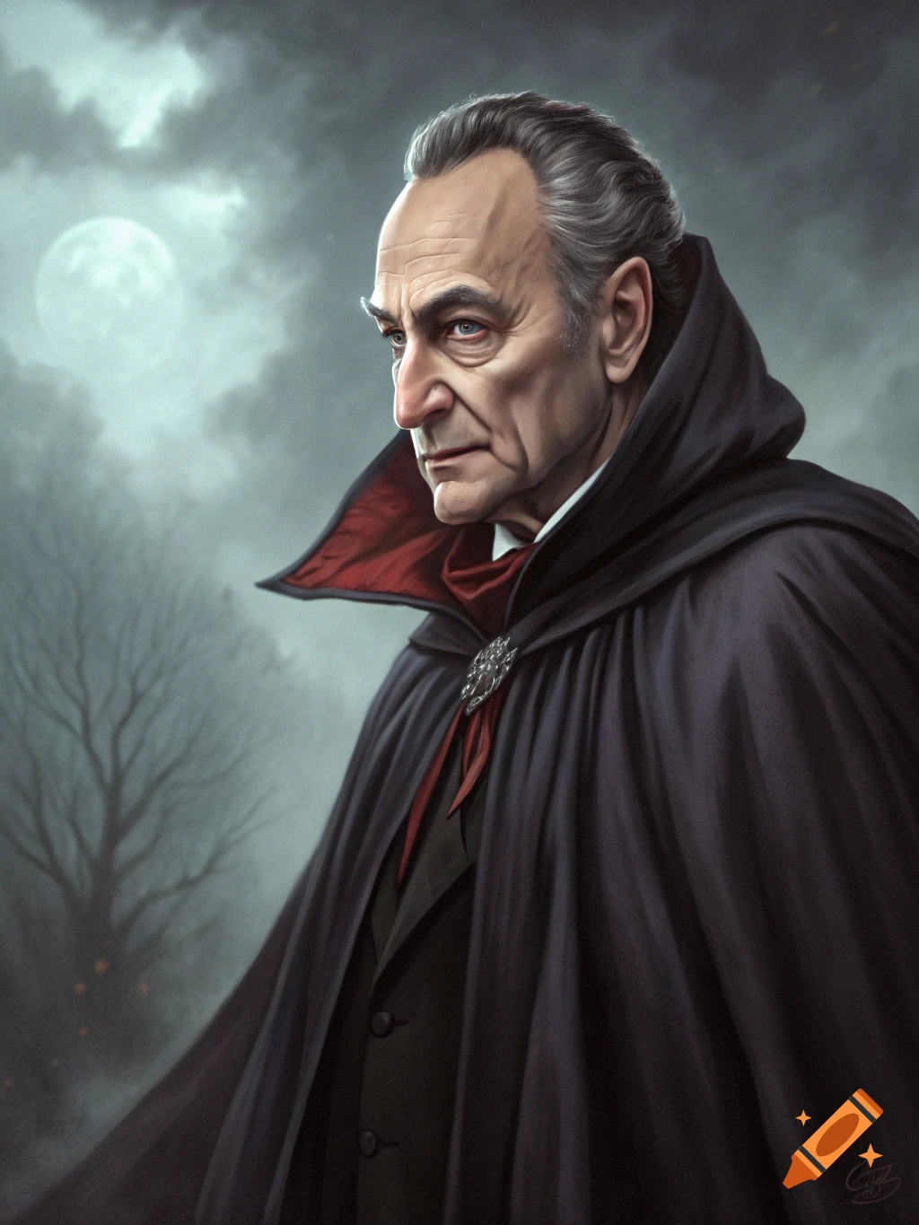 Painting of a man in a black and red vampire cloak against a cloudy night sky with a full moon and trees.