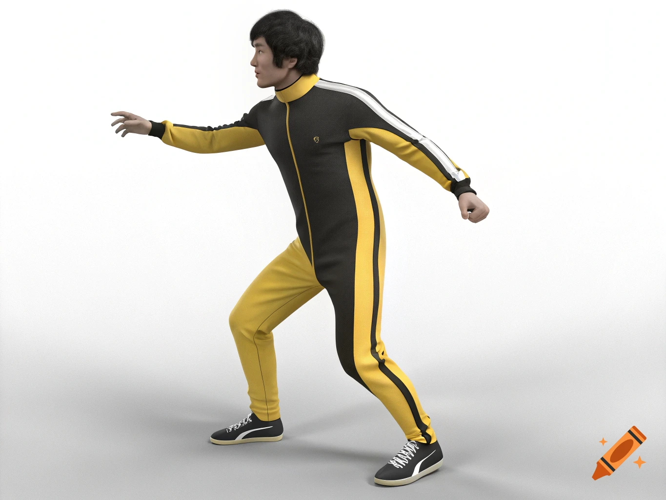 A 3D render of a figure wearing a black and yellow martial arts jumpsuit, striking a pose.