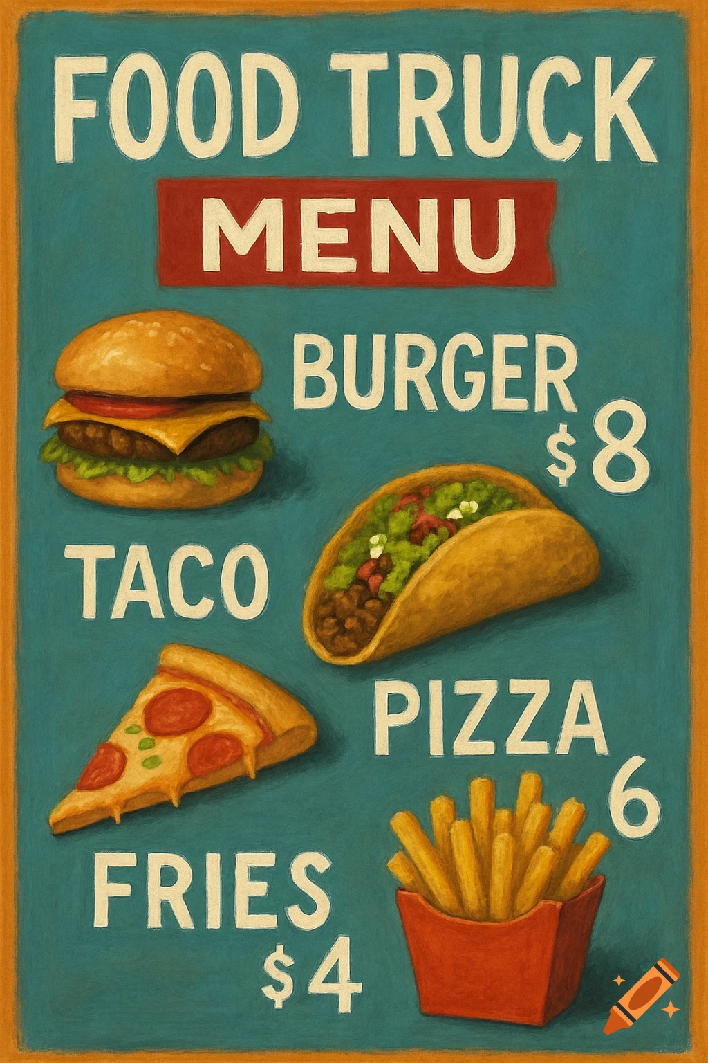 Illustrated food truck menu with burger, taco, pizza, and fries listed.