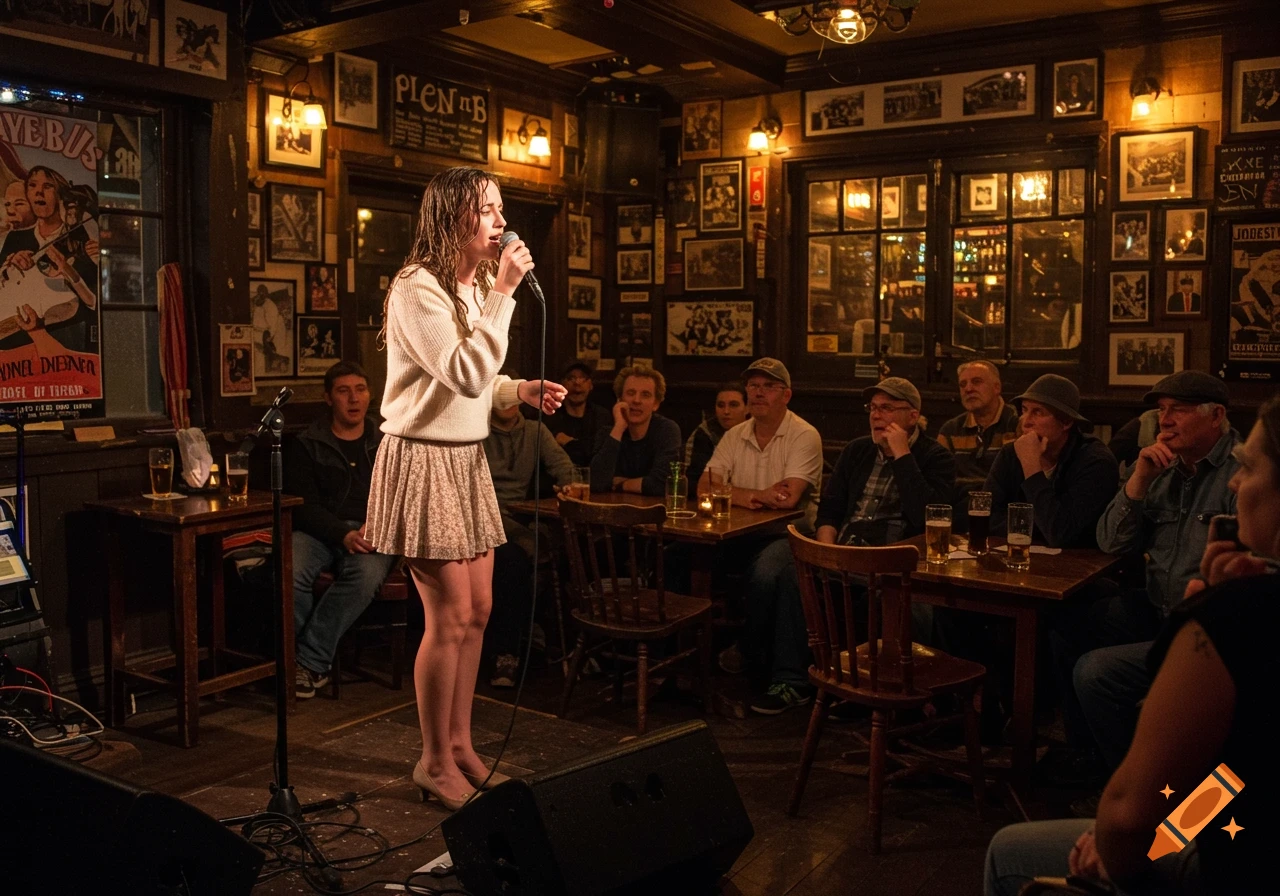 A woman sings on a stage in a dimly lit pub with an audience watching.