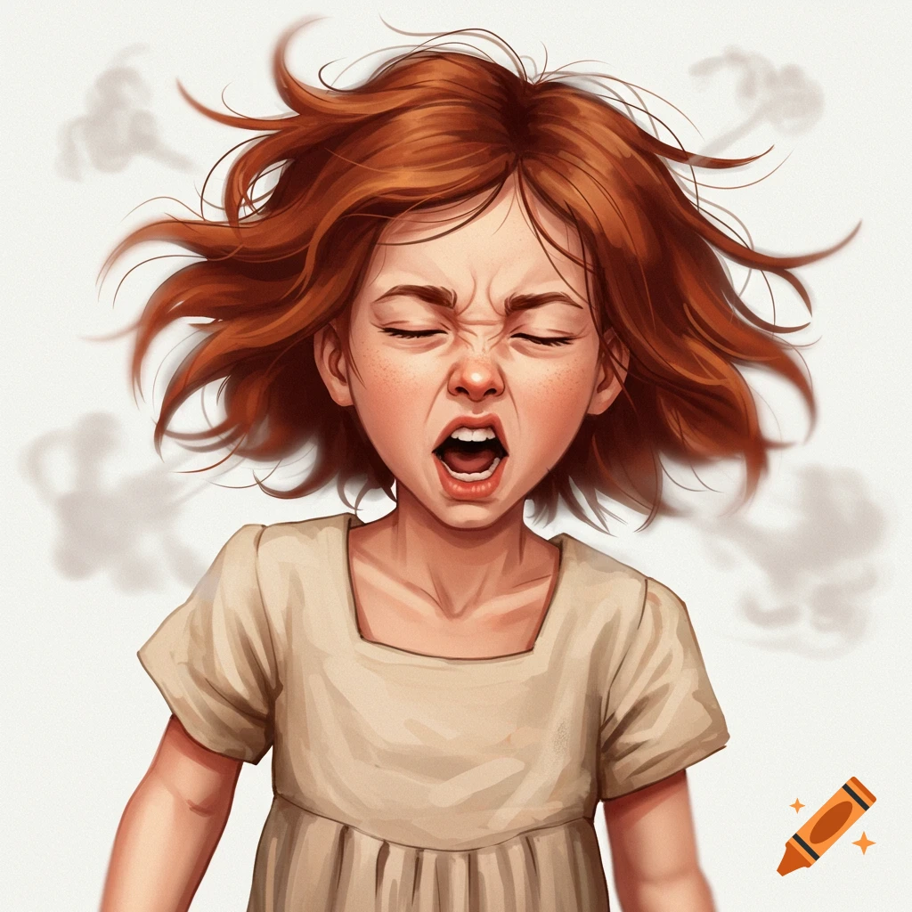 Close-up illustration of a young girl with red hair, eyes closed, and mouth open in a pained expression.