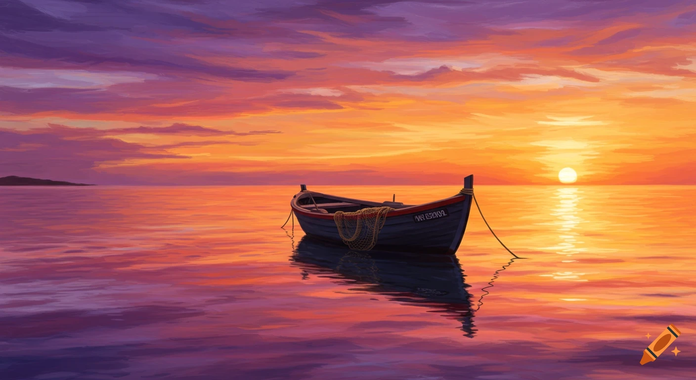 A fishing boat floats on calm water during a vibrant sunset, painterly style.