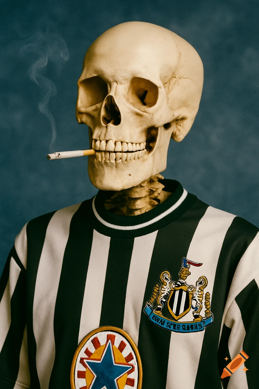 Skeleton in a Newcastle United football shirt smoking a cigarette, photorealistic