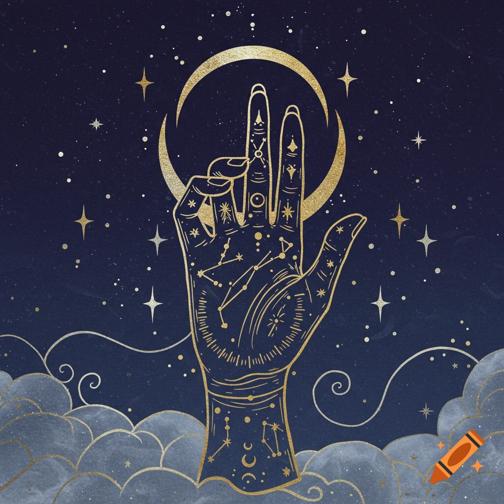 Stylized golden hand with constellations, stars, moon, and clouds on a blue background.