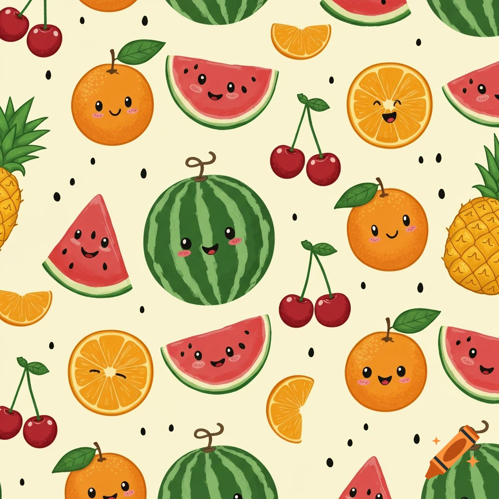 Seamless cartoon pattern with happy fruits including watermelon, oranges, cherries, and pineapples.