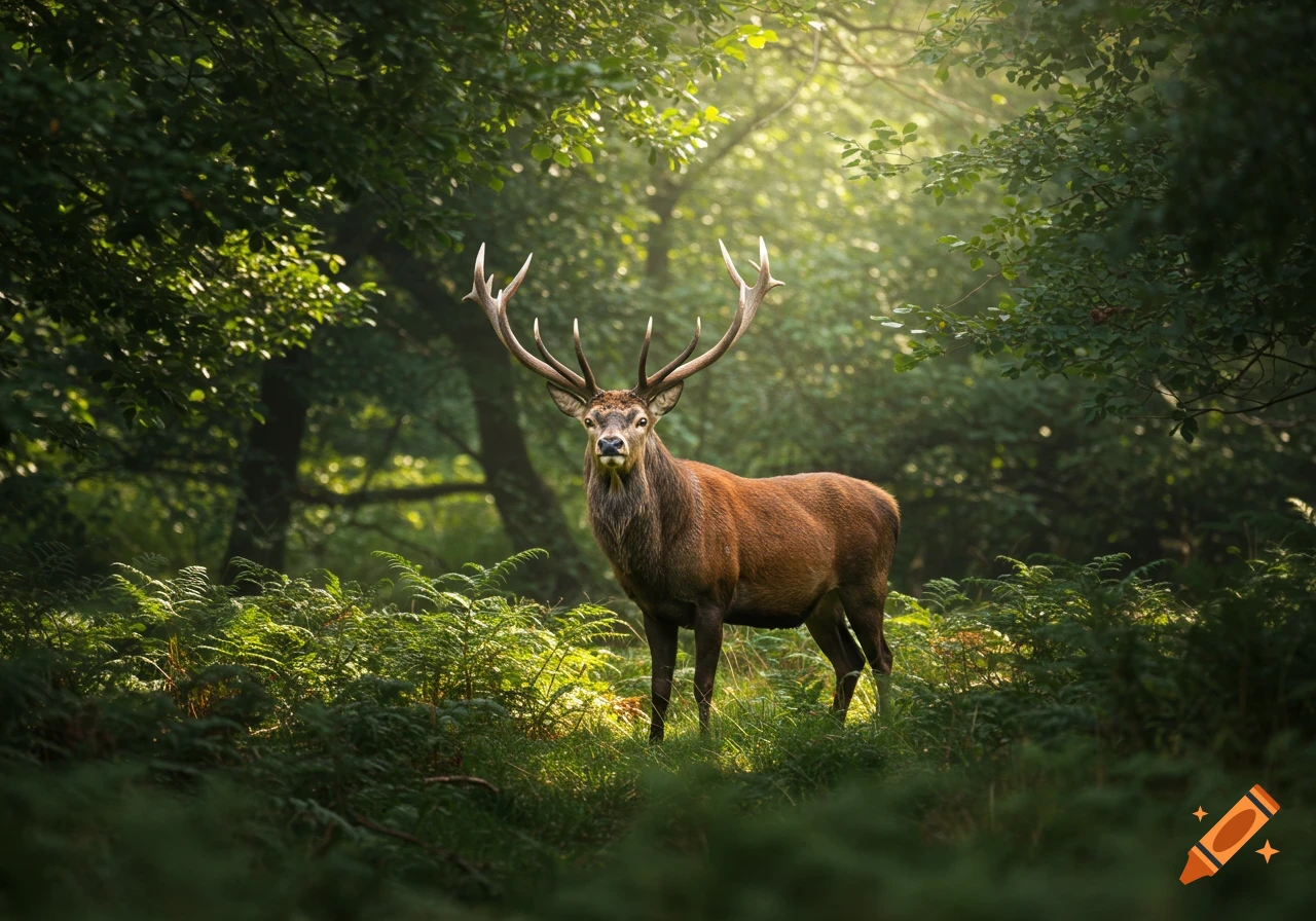 A red deer stag stands in a sunlit forest clearing.