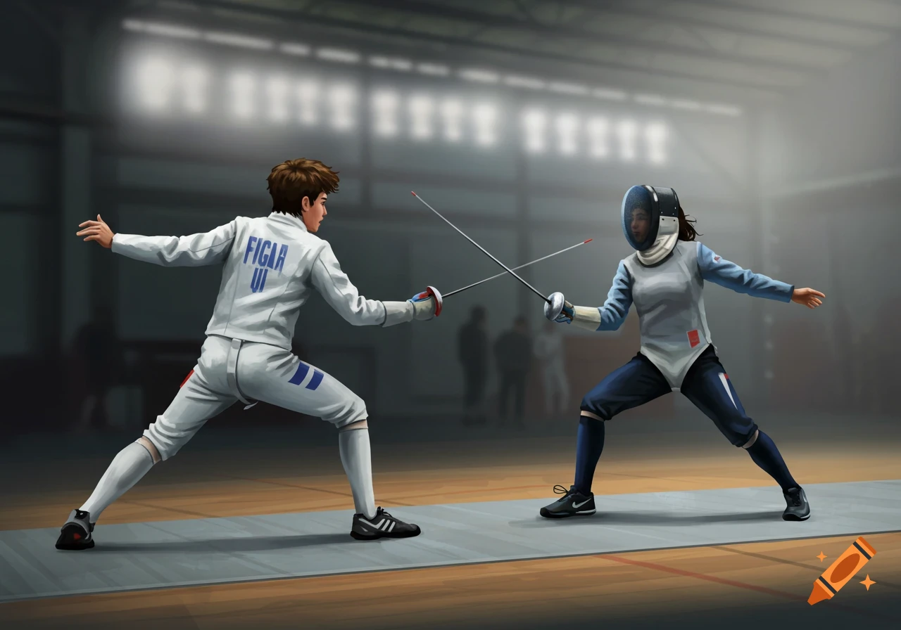 An illustration of two people fencing in a match.