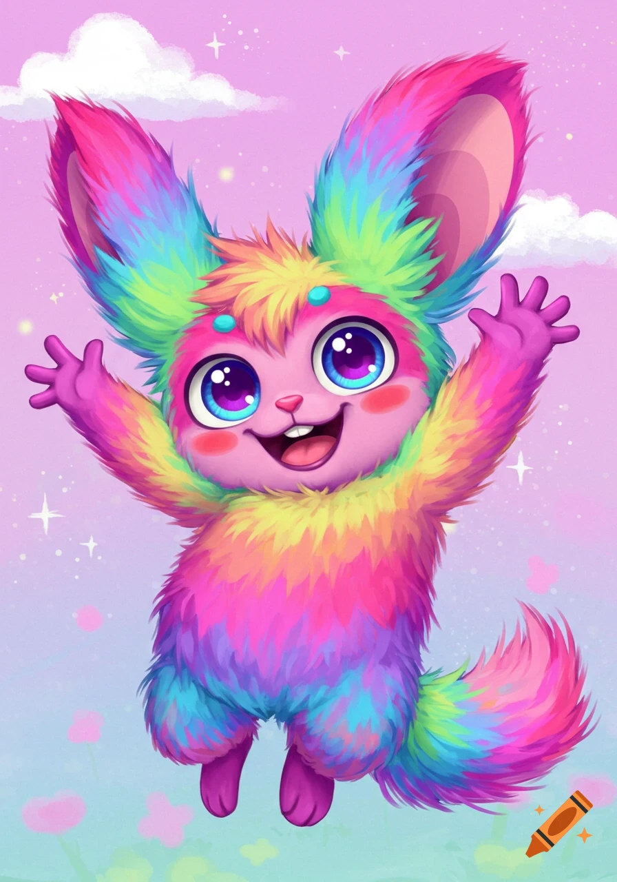 A cute, fluffy, rainbow-colored creature with big blue eyes raises its arms happily under a pink sky.