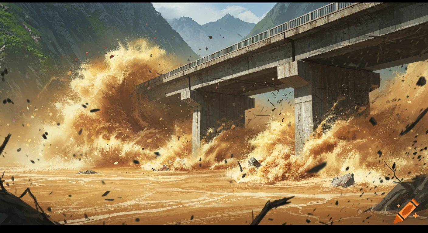 Illustration of a bridge being hit by a massive flash flood in a mountain valley.
