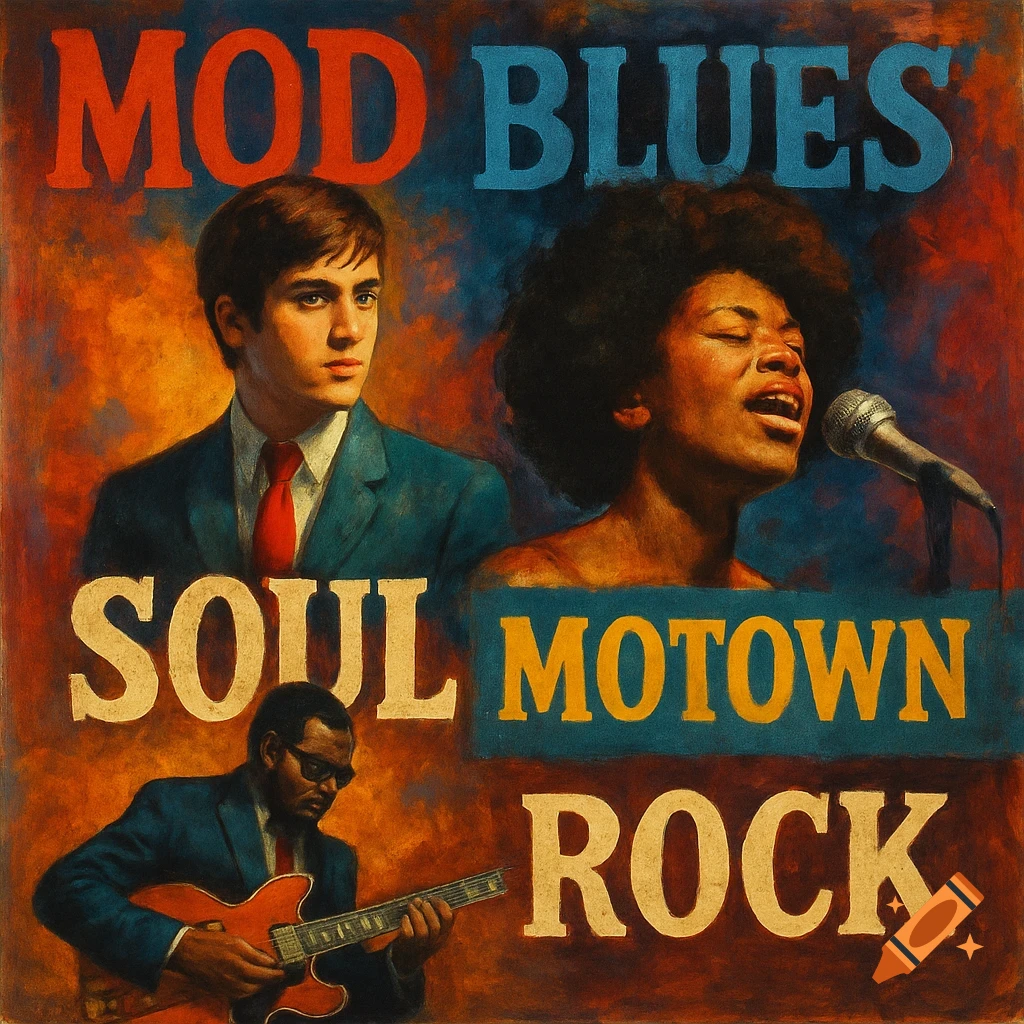 Painting of musicians and genre names Mod, Blues, Soul, Motown, Rock in an album cover style.