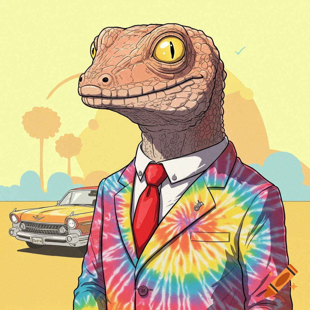 A lizard in a tie-dye suit stands next to an orange car, looking like a car salesman. Illustration style.