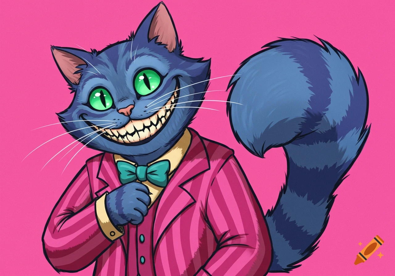 A blue striped Cheshire Cat in a pink striped suit smiling broadly.