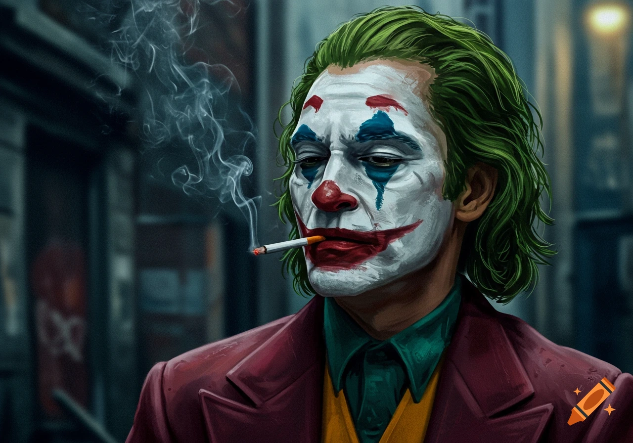 Realistic illustration of the Joker character smoking a cigarette