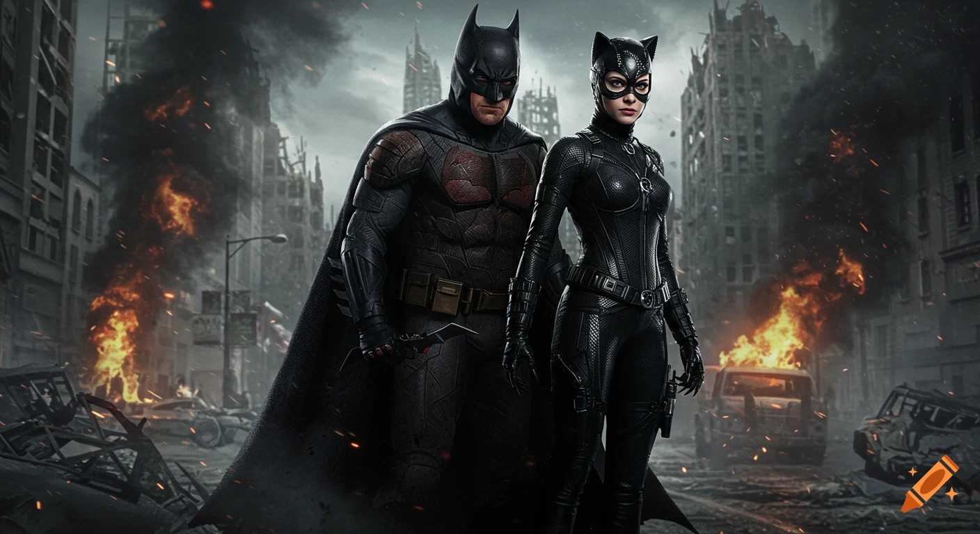 Batman and Catwoman stand among the ruins of a burning city in a cinematic, photorealistic style.