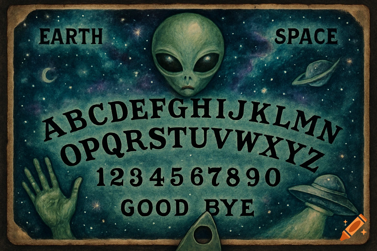 Alien-themed Ouija board with alphabet, numbers, alien head, hand, and UFOs against a starry background.