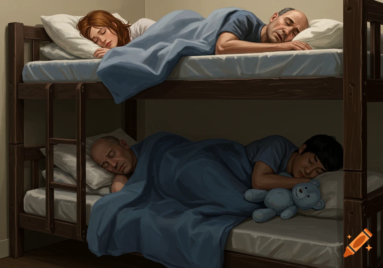 A digital painting shows a woman on the top bunk and two people on the bottom bunk of a bunk bed, all asleep.