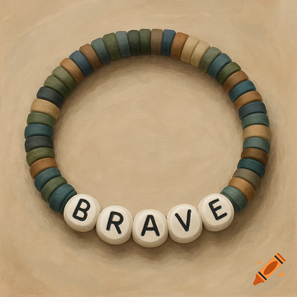 A bracelet with colorful wooden beads spelling out 'BRAVE' on white circular beads, in a painterly style.