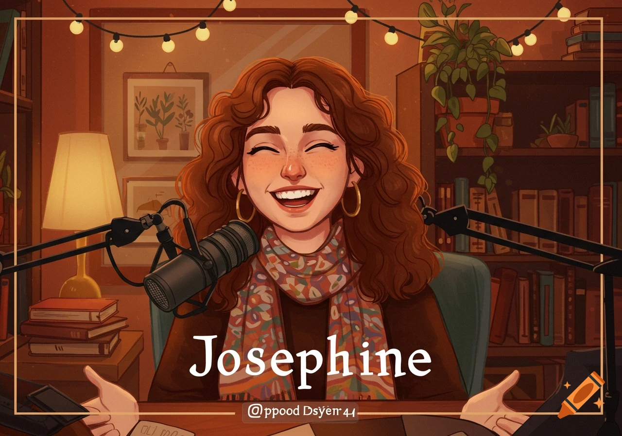 Illustration of a smiling woman with curly hair at a podcast microphone in a studio, with the name Josephine displayed.