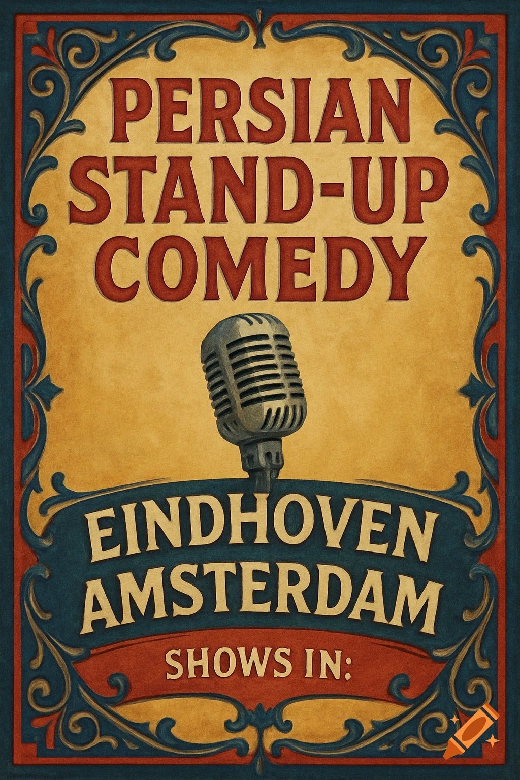 Vintage style poster for Persian stand-up comedy shows in Eindhoven and Amsterdam with a microphone.